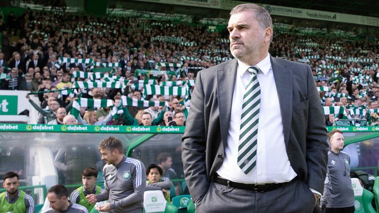 GLASGOW, SCOTLAND - APRIL 08: Celtic manager Ange Postecoglou during a cinch Premiership match between Celtic and Rangers at Celtic Park, on April 08, 2023, in Glasgow, Scotland.  (Photo by Craig Williamson / SNS Group)