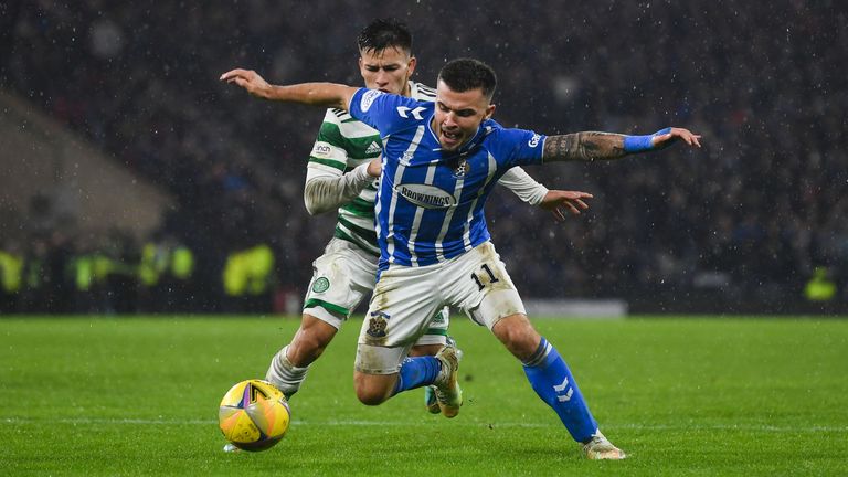 GLASGOW, SCOTLAND - JANUARY 14: Celtic's Alexandro Bernabei and Kilmarnock's Danny Armstrong during a Viaplay Cup Semi Final match between Celtic and Kilmarnock at Hampden Park, on January 14, 2023, in Glasgow, Scotland. (Photo by Craig Foy / SNS Group)