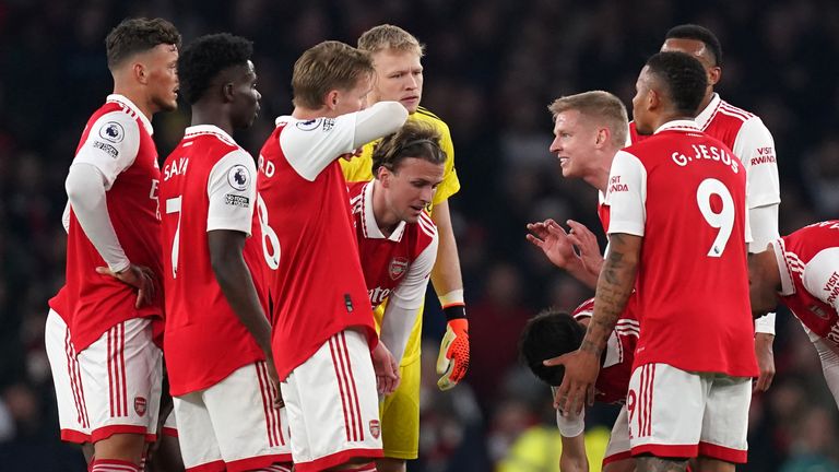 Arsenal's Oleksandr Zinchenko (centre right) tries to rally his team-mates after they concede a second goal vs Southampton