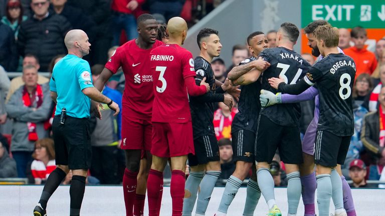 Granit Xhaka argues with Trent Alexander-Arnold