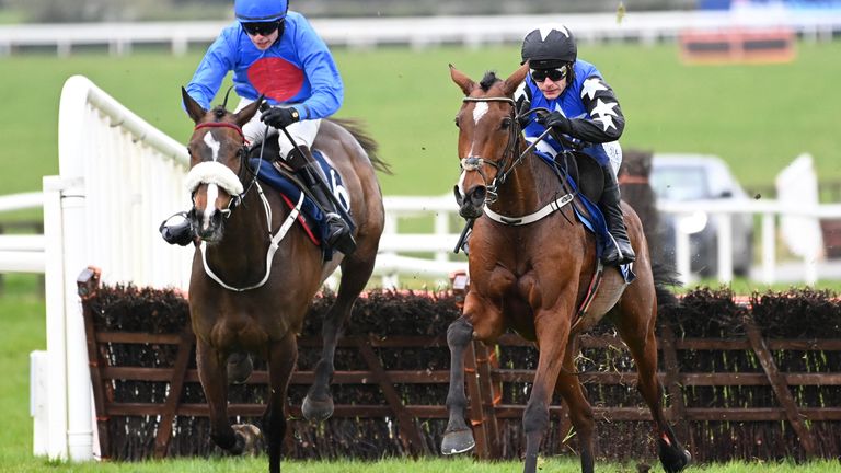 Ashroe Diamond and Paul Townend clear the final hurdle from Whatcouldhavebeen to win for trainer Willie Mullins