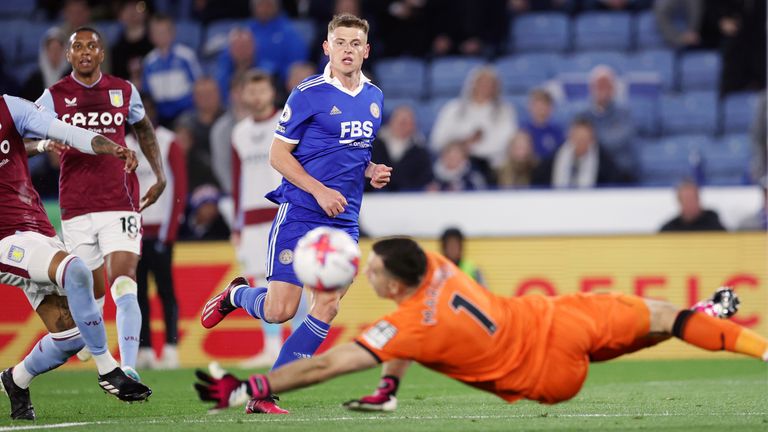 Harvey Barnes scores Leicester's equaliser against Aston Villa