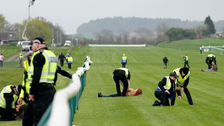 Protestors on the track at Ayr ahead of the Scottish Grand National