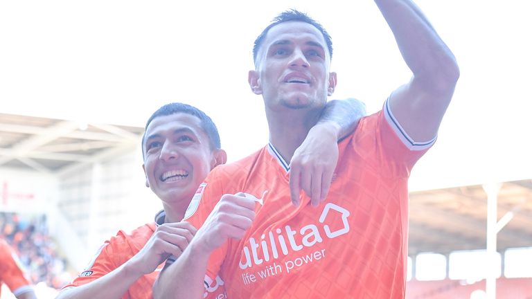 Jerry Yates celebrates after giving Blackpool the lead against Wigan