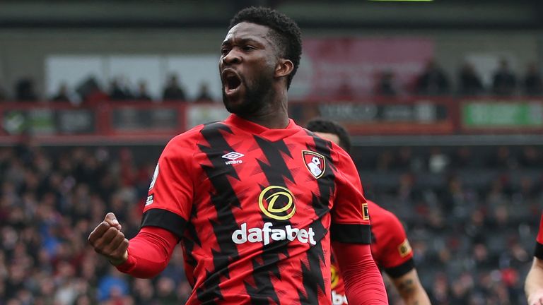 Jefferson Lerma celebrates after putting Bournemouth 1-0 up against Leeds