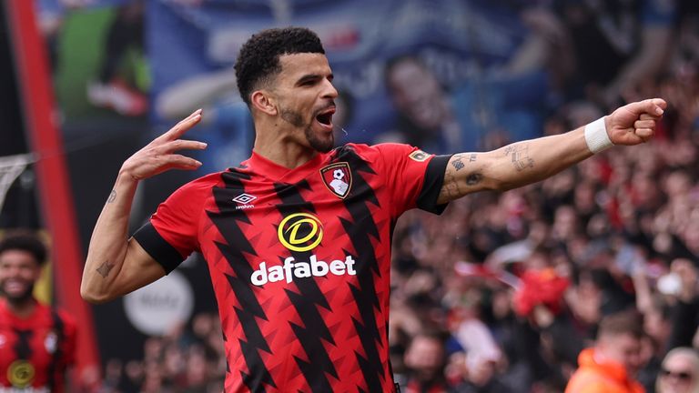 Dominic Solanke celebrates after scoring Bournemouth's third goal against Leeds