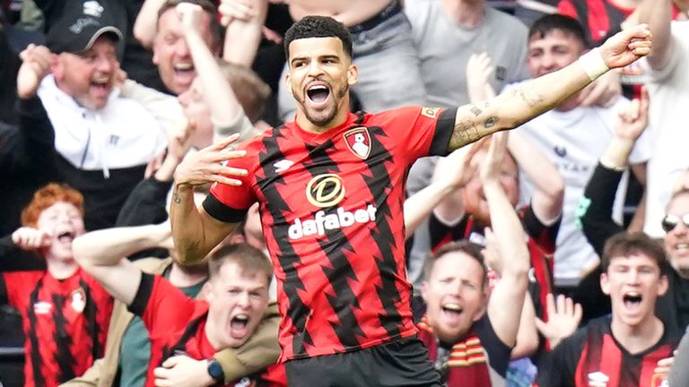 Dominic Solanke celebrates after putting Bournemouth in front at Spurs
