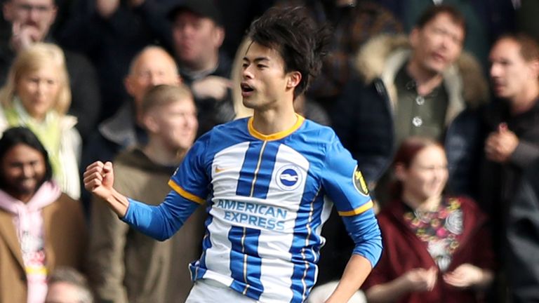 Kaoru Mitoma celebrates after equalising for Brighton against Brentford 