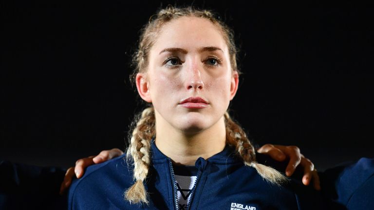 Picture by Will Palmer/SWpix.com - 14/11/2022 - Rugby League - Rugby League World Cup 2021 - Semi Final - England v New Zealand - LNER Community Stadium, York, England - Caitlin Beevers of England looks on ahead of the 2021 Rugby League World Cup Semi Final match against New Zealand