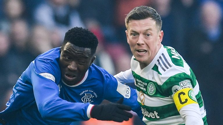 GLASGOW, SCOTLAND - FEBRUARY 26: Rangers' Fashion Sakala (L) and Celtic's Callum McGregor during the Viaplay Cup final between Rangers and Celtic at Hampden Park, on February 26, 2023, in Glasgow, Scotland.  (Photo by Craig Foy / SNS Group)