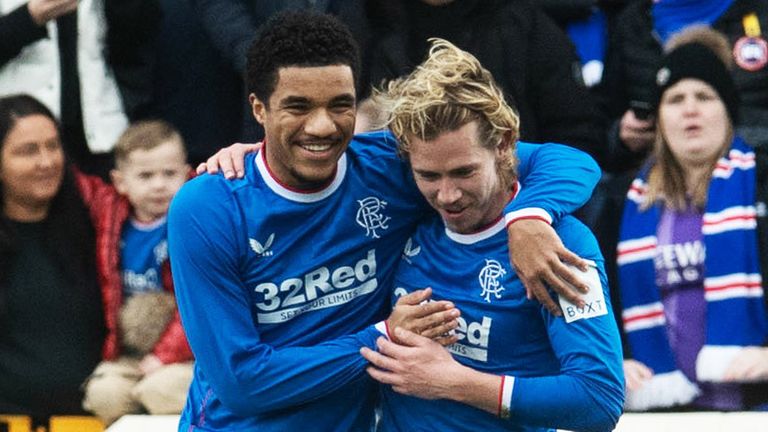 MOTHERWELL, SCOTLAND - MARCH 18: Malik Tillman celebrates with Todd Cantwell after making it 4-2 during a cinch Premiership match between Motherwell and Rangers at Fir Park, on March 18, 2023, in Motherwell, Scotland.  (Photo by Craig Foy / SNS Group)