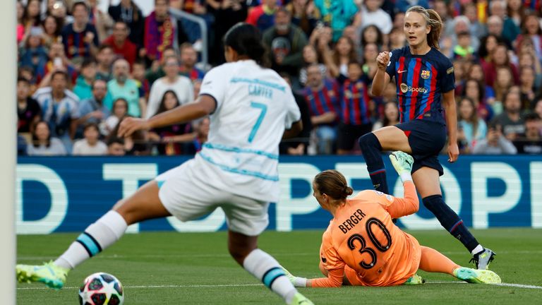 Barcelona&#39;s Caroline Graham Hansen scores the opening goal