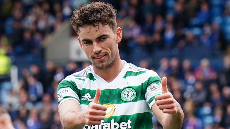 Matthew O'Riley celebrates after scoring Celtic's third goal against Kilmarnock