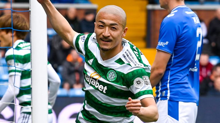 Daizen Maeda wheels away after doubling Celtic's lead at Kilmarnock