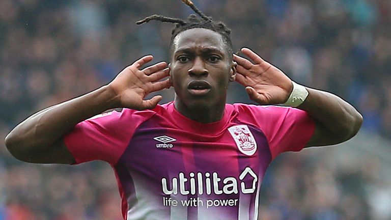 Joseph Hungbo celebrates after giving Huddersfield the lead at Cardiff