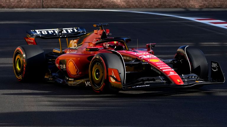 Ferrari driver Charles Leclerc of Monaco steers his car during qualification ahead of the Formula One Grand Prix at the Baku circuit in Baku, Azerbaijan, Friday, April 28, 2023. The Formula One Grand Prix will be held on Sunday April 30, 2023. (AP Photo/Darko Bandic)
