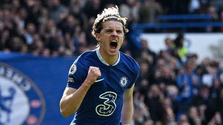 Conor Gallagher celebrates after his deflected strike gives Chelsea the lead against Brighton