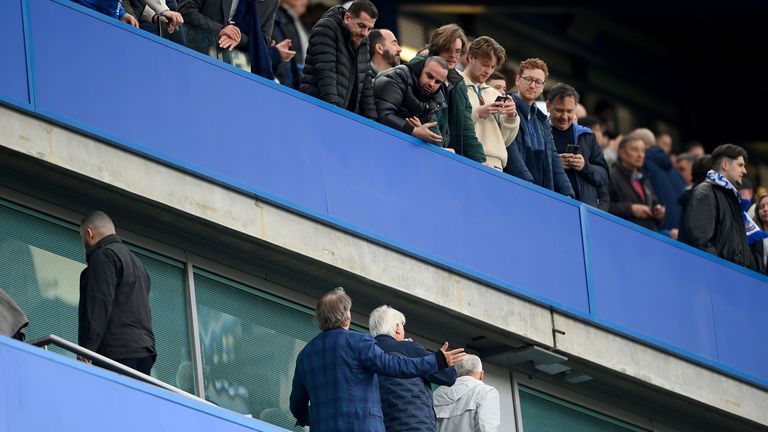 LONDON, ENGLAND - APRIL 15: Todd Boehly, Chairman of Chelsea, speaks to fans during the Premier League match between Chelsea FC and Brighton & Hove Albion at Stamford Bridge on April 15, 2023 in London, England. (Photo by Alex Davidson/Getty Images)