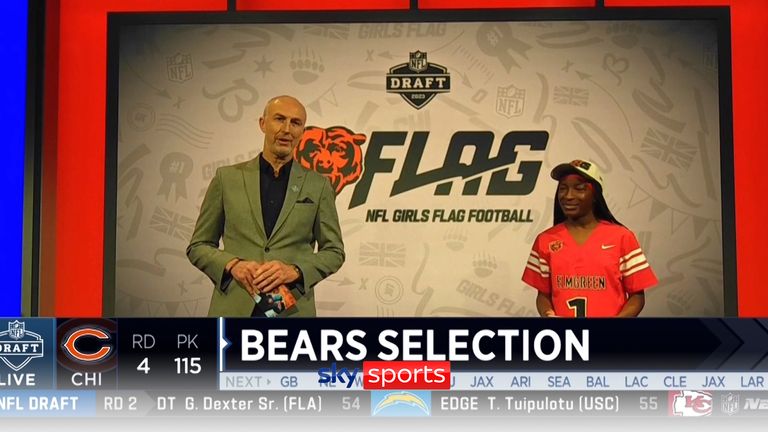 Sky Sports' Neil Reynolds and UK Bears flag football player Majeetah had the honor of announcing the Chicago Bears' fourth round pick, live from Sky Sports Studios!