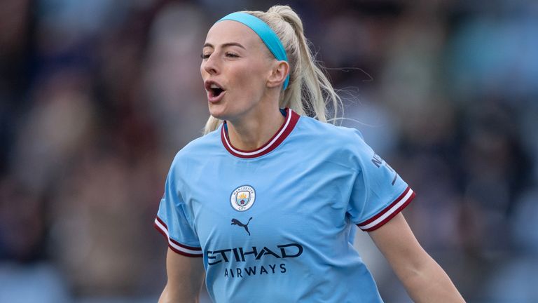 Chloe Kelly of Manchester City celebrates scoring her second goal vs West Ham United