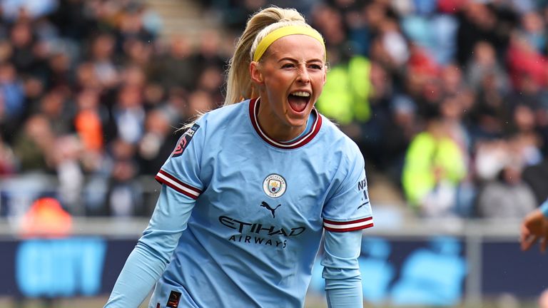 Chloe Kelly of Manchester City Women celebrates after scoring against Reading