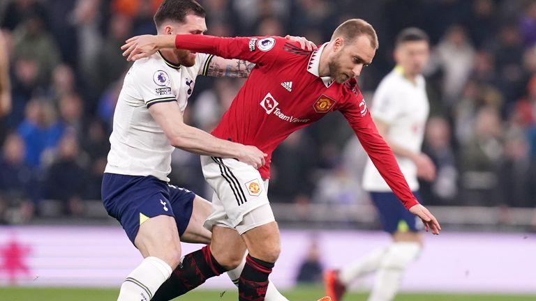 Manchester United's Christian Eriksen and Tottenham's Pierre-Emile Hojbjerg in action