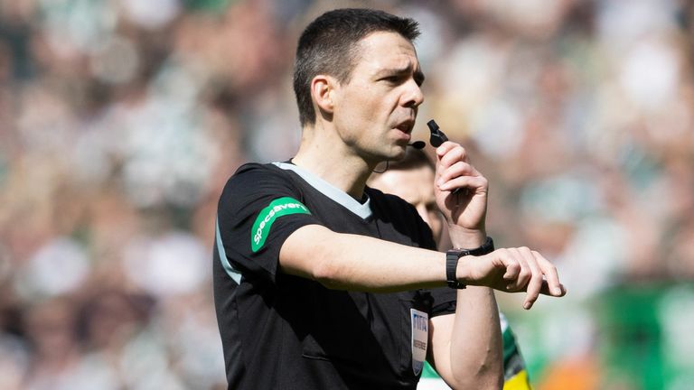 GLASGOW, SCOTLAND - APRIL 08: Referee Kevin Clancy during a cinch Premiership match between Celtic and Rangers at Celtic Park, on April 08, 2023, in Glasgow, Scotland. (Photo by Alan Harvey / SNS Group)