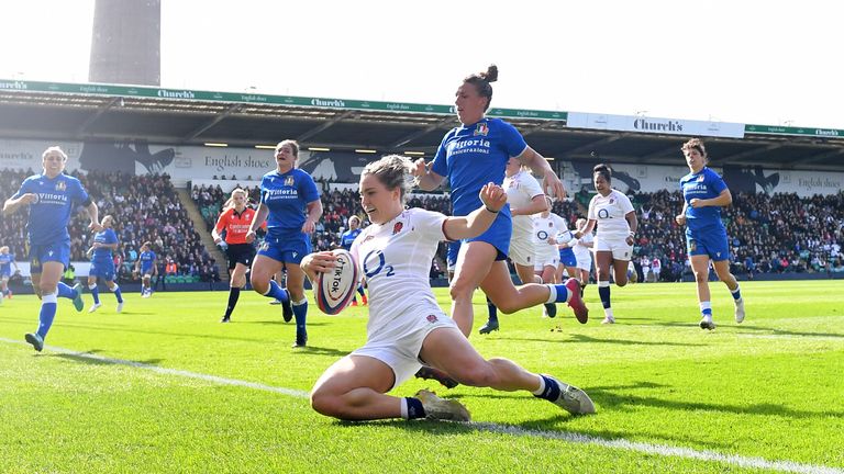 NORTHAMPTON, ENGLAND - APRIL 02: A general view as Claudia MacDonald of England scores the side's fourth try during the TikTok Women's Six Nations match between England and Italy at Franklin's Gardens on April 02, 2023 in Northampton, England. (Photo by Dan Mullan - RFU/The RFU Collection via Getty Images)