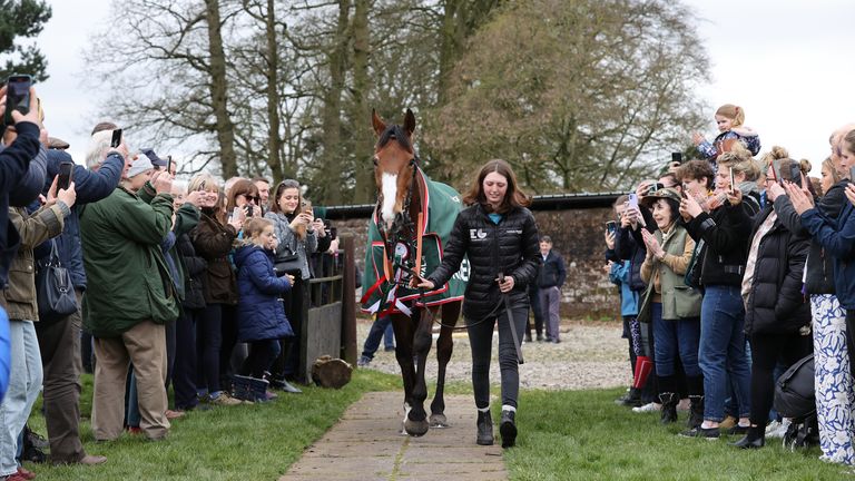 Grand National winner Corach Rambler is welcomed back to Lucinda Russell's stables