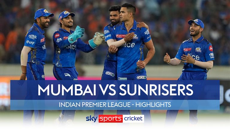 Mumbai Indians' Arjun Tendulkar is congratulated by teammates as Mumbai Indians' players celebrate their victory over Sunrisers Hyderabad during their Indian Premier League cricket match in Hyderabad, India, Tuesday, April 18, 2023. (AP Photo/Mahesh Kumar A.)