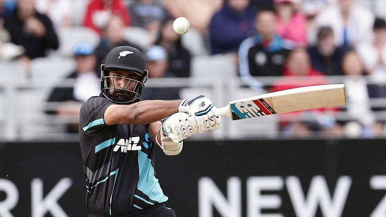 New Zealand's Ish Sodhi plays a shot during the first Twenty 20 international cricket match between New Zealand and Sri Lanka at Eden Park in Auckland on April 2, 2023. (Photo by DAVID ROWLAND / AFP) (Photo by DAVID ROWLAND/AFP via Getty Images)
