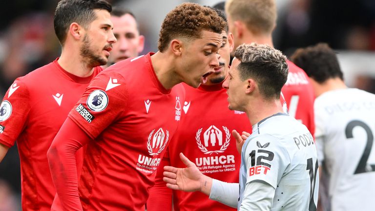 Tempers heat-up between Brennan Johnson of Nottingham Forest and Daniel Podence of Wolverhampton Wanderers
