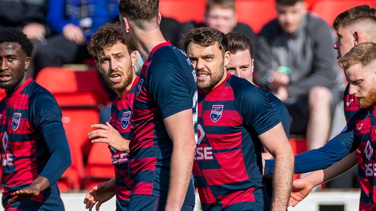 PERTH, SCOTLAND - APRIL 08: Ross County's David Cancola (L) celebrates scoring to make it 2-0 with his teammates during a cinch Premiership match between St Johnstone and Ross County at McDiarmid Park, on April 08, 2023, in Perth, Scotland.  (Photo by Roddy Scott / SNS Group)