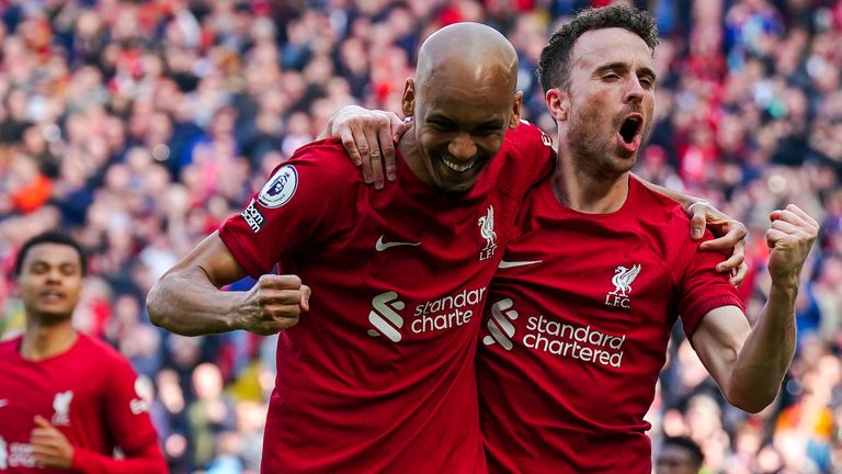 Liverpool's Diogo Jota (right) celebrates scoring the opening goal with Fabinho