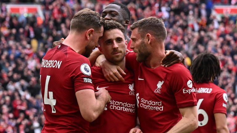Diogo Jota is mobbed by his team-mates after scoring a late winner for Liverpool against Spurs