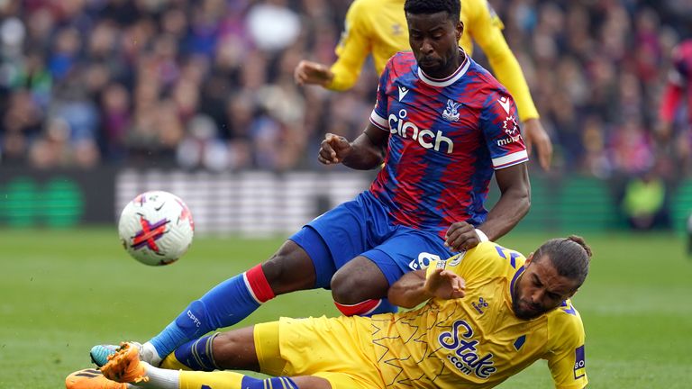 Everton's Dominic Calvert-Lewin tackles Crystal Palace's Marc Guehi