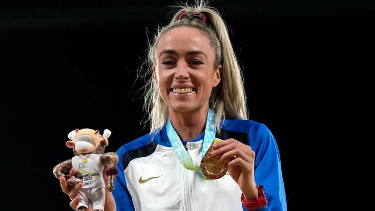 Scotland's Eilish McColgan reacts during the medal ceremony after winning gold in the women's 10,000m final during the athletics in the Alexander Stadium at the Commonwealth Games in Birmingham, England, Wednesday, Aug. 3, 2022. (AP Photo/Alastair Grant)