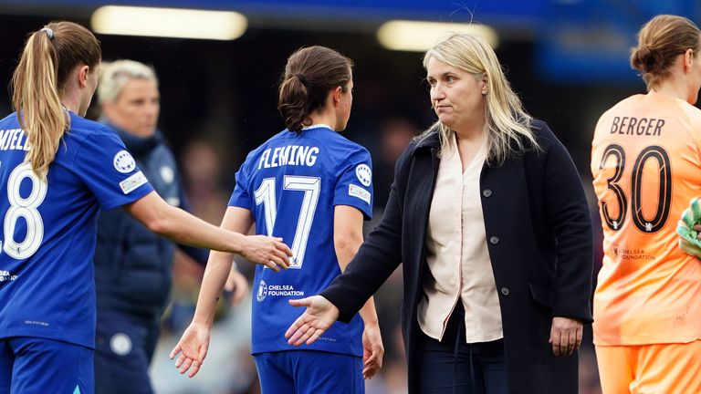 Chelsea manager Emma Hayes consoles her players at full time
