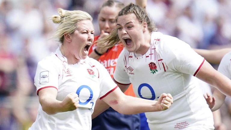 Marlie Packer celebrates after scoring England's second try against France in the Women's Six Nations 