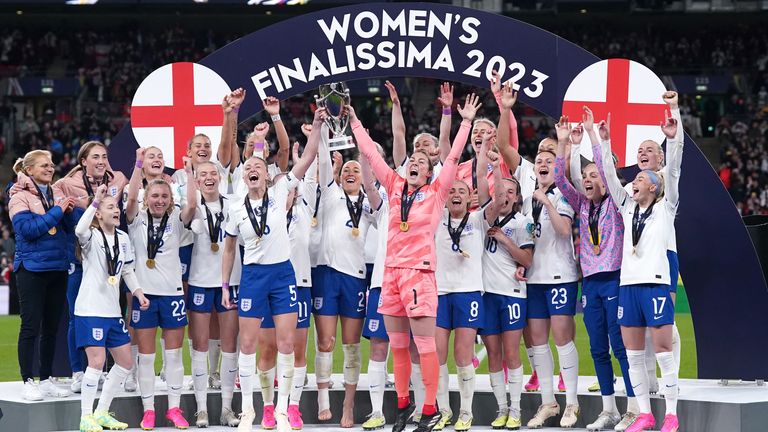 England Women lift the Finalissima trophy after beating Brazil Women at Wembley