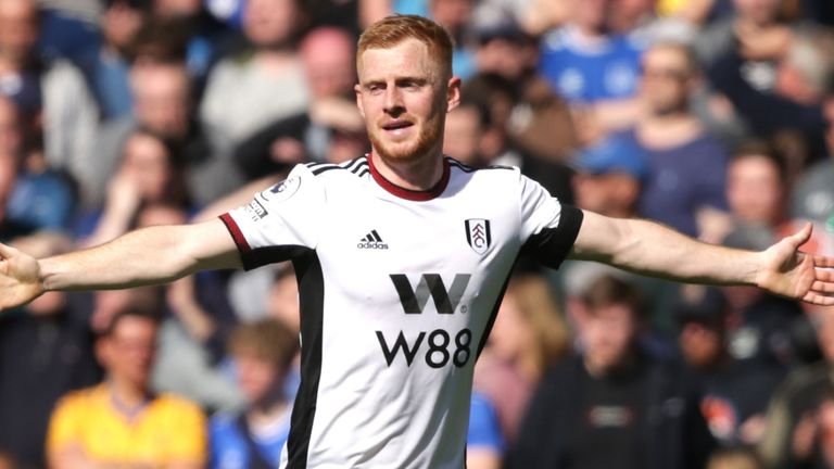 Harrison Reed celebrates after giving Fulham the lead at Goodison Park