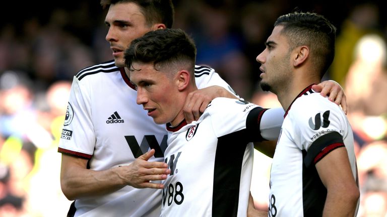 Harry Wilson is congratulated after giving Fulham a 2-1 lead at Everton