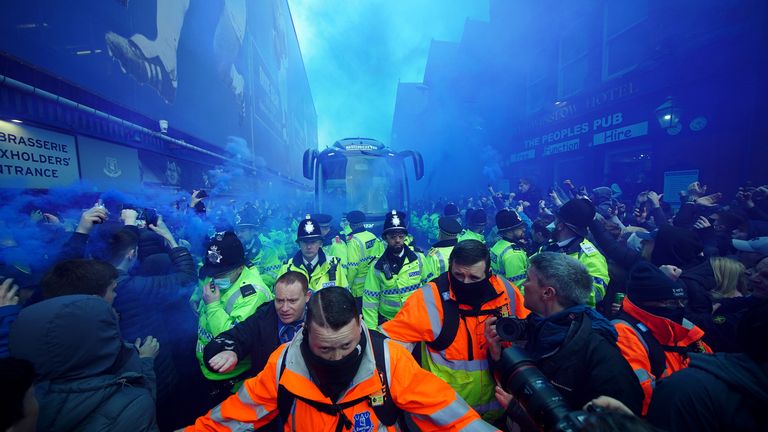 Smoke bombs and flares greeted the Everton team