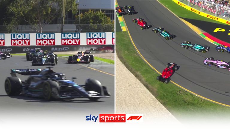 Tonton bagaimana George Russell dan Lewis Hamilton menyalip Max Verstappen pada lap pembukaan yang kacau di Grand Prix Australia