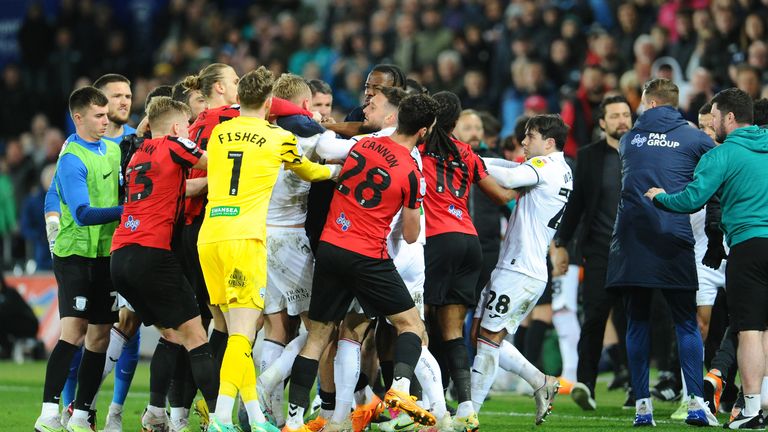 ‘Absolute Royal Rumble!’ | Multiple melees and two red cards at Swansea