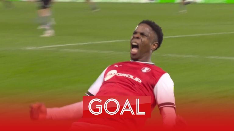 Chiedozie Ogbene levels it up for Rotherham, getting on the end of a Wez Harding cross against Cardiff.