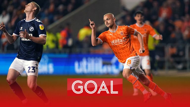 Lewis Fiorini fires in a brilliant drive to bring Blackpool level to 2-2 against Millwall.