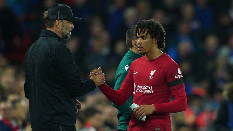 Liverpool manager Jurgen Klopp (left) speaks with Trent Alexander-Arnold during the UEFA Champions League, Group A match at Anfield, Liverpool. Picture date: Tuesday October 4, 2022.