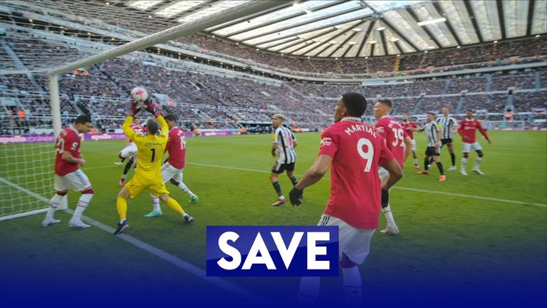 David De Gea makes a point blank save to stop Joelinton&#39;s header before Fabian Schar hits the post with Newcastle pushing for a second goal against Manchester United.