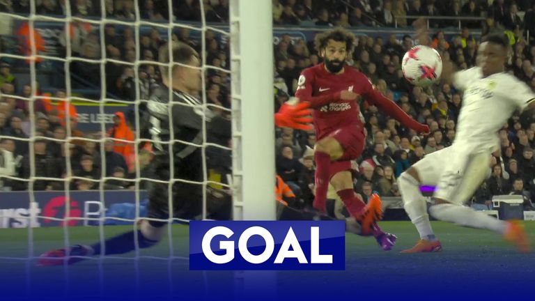 Mo Salah scores his second goal of the game to make it 4-1 to Liverpool against Leeds.
